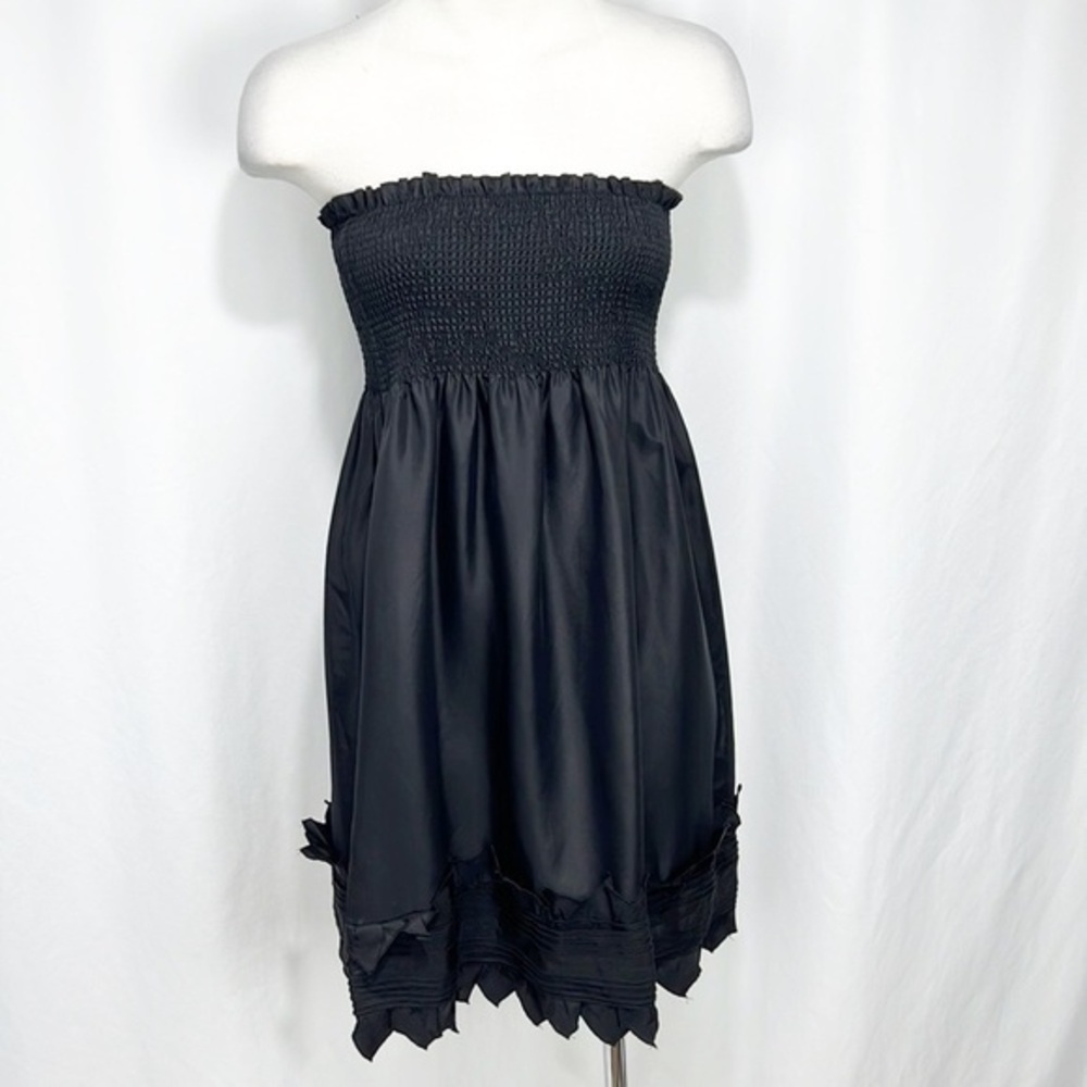 Bcbgmaxazria Black Silk Strapless Cocktail Dress Smocked Top XS